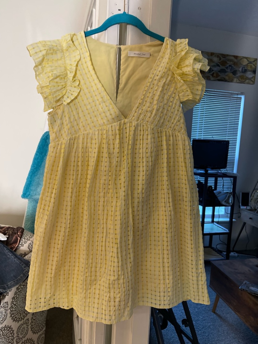 Mustard Seed Yellow Ruffle Sleeve V-Neck Dress